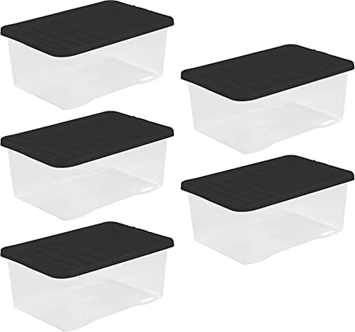 Image of Wham 45 Liter Storage Clear Heavy Duty Plastic Storage Box Boxes With Lids Home Office Stackable Nestable, Set of 5 Large Storage Boxes With Lids 60 x 40 x 25 cm - LIDS ARE CLEAR