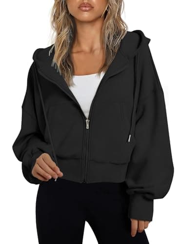 Image of Jhsnjnr Womens Crop Essentials Hoodie Sports Gym Hooded Jackets Autumn Casual Long Sleeve Zip Up Sweatshirt Black