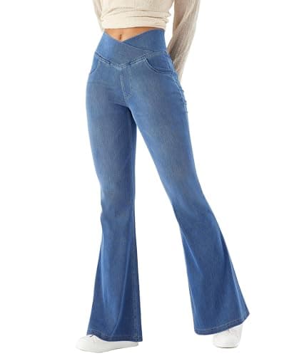 Image of LaiEr Women Bootcut Jeans V Crossover High Waist Pull on Tummy Control Casual Fitness Skinny Yoga Pants,Denim Highly Elasticity Soft Fabric,Flared Fitness Trousers with Side Pockets(Medium BlueM)