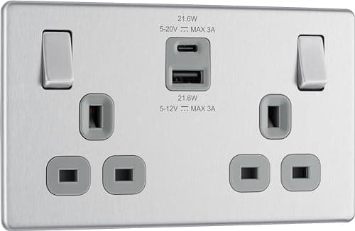 Image of BG Electrical 22W Double Switched Power Wall Plug Socket with Fast Charge Type A and C USB Ports, Screwless, Flatplate, Brushed Steel, Grey Inserts, 13A, FBS22UAC22G