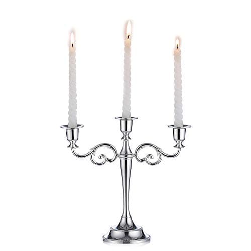 Image of Sziqiqi Silver metal candle holder 3-arms candle stand 27cm tall wedding event candelabra candle stick, Silver