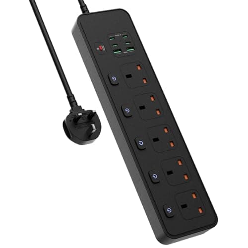 Image of Extension Lead with USB Slots, 5 Way Sockets Outlets with 4 USB-C Ports and 2 USB-A Ports, 3250W Individual Switches 1.8M Extension Cable with Overload Protected Power Strips, UK Plug Adapter