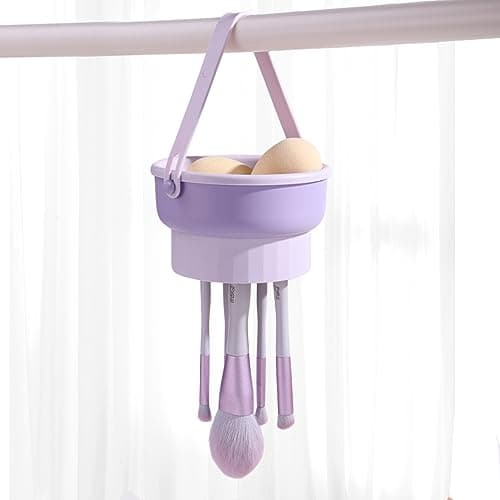 Image of MSQ 3-in-1 Foldable Silicone Makeup Brush Cleaner Bowl with Handle Reusable Makeup Brush Cleaner Mat and Dryer Tray Purple