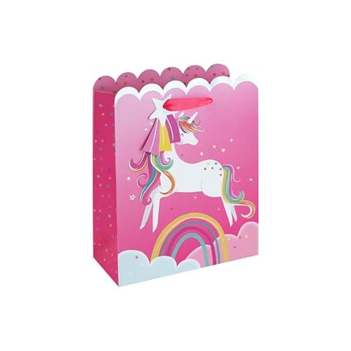 Image of Eurowrap Unicorn Medium Gift Bag – Pink Present Bag with Rainbow Unicorn, Cloud & Star Design and Ribbon Handles – Premium Birthday & Celebration Gift Packaging for Girls & Children