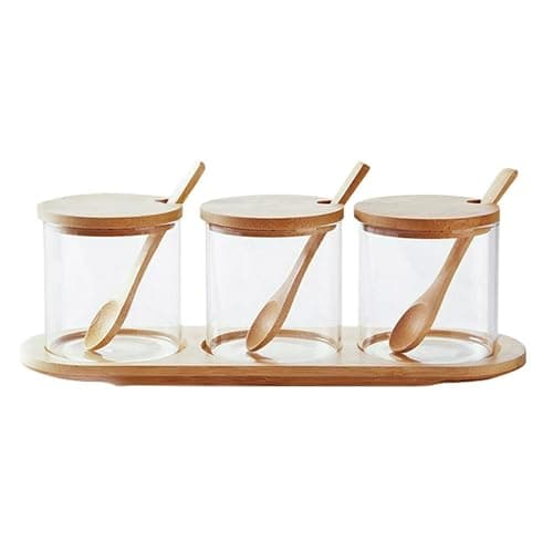 Image of Set of 3 Glass Storage Jars with Bamboo Lids and Spoons with Tray Airtight Kitchen Storage Containers for Sugar Coffee Tea Spice Honey Condiments Snacks Clear Glass Pots Modern Countertop Organiser