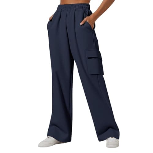 Image of Womens Joggers Elasticat High Waisted Sweatpants Wide Leg Cargo Trousers Baggy Jogging Pants Solid Colour Running Gym Workout Tracksuit Bottoms with Cargo Pockets Casual Lounge Athletic Active Navy