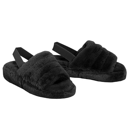 Image of shelikes Womens Sliders Ladies Fluffy Faux Fur Peep Toe Warm Winter Slipper Black