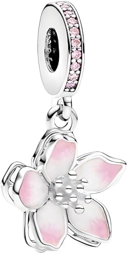 Image of Pink Cherry Blossom Flower Charm 925 Silver Charm Compatible with Pandora Charms, Trollbeads, Chamilia, Biagi and Many Other UK Charm Bracelets.