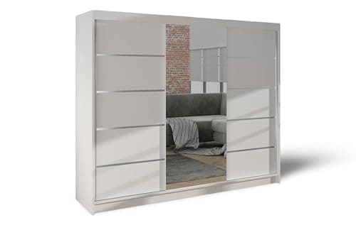 Image of ELUKS - DELIN Sliding Doors Wardrobe with Mirror Furniture for Bedroom Living Room and Hall Wardrobe Organizer Width 100cm/120cm/150cm/180cm/200cm/WHITE/BLACK/OAK (White, 200cm)