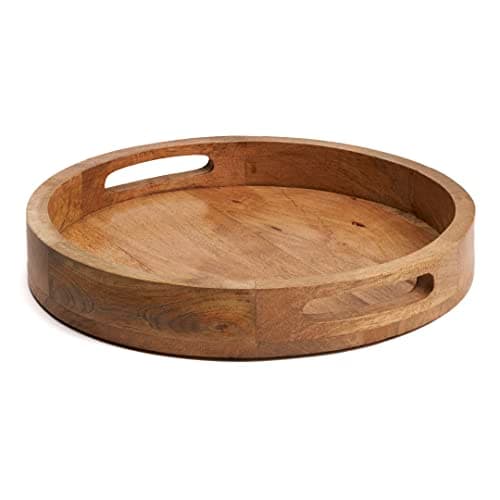 Image of Hazelton Oaks Round wooden serving tray with handles, medium size food presentation board, Mango wood platter, food grade round tray, snack board ideal for fruits, snacks and charcuterie