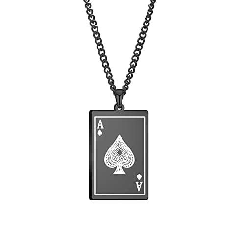 Image of VASSAGO Men Women Ace of Spades Necklace Hip Hop Playing Card Pendent Stainless Steel Gothic Poker Card Necklace Punk Rock Jewelry (Black)