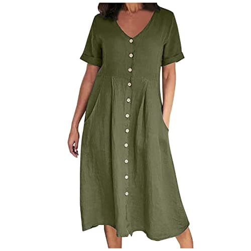 Image of AMhomely Cotton Linen Dresses for Women-Button Down Dress Plus Size,V Neck Shirt Dresses with Pocket,Pleated A-line Sundress,Solid Casual Swing Dress,Office Work Holiday Vacation A Army Green L