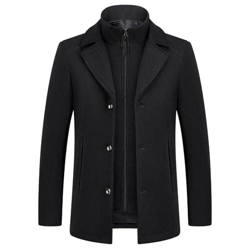 Image of KUDMOL Men's Winter Wool Coat with Removable Cotton Gilet 2-in-1 Winter Warm Casual Peacoat(Black,XS)