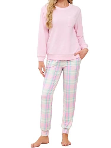 Image of Famulily Womens Plaid Pyjamas Sets Warm Fleece Pajamas for Women 2 Piece Fluffy Loungewear Soft Nightwear Tops and Bottoms with Pockets Pink S