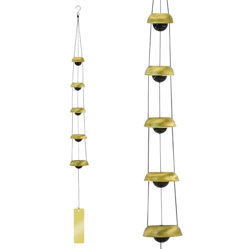 Image of MrMrKura Copper Wind Chimes for Outside, Temple Wind Chimes with 5 Bells Feng Shui Wind Bell Pendent Memorial Windchimes for Home Garden Patio Backyard Decor (Brass)