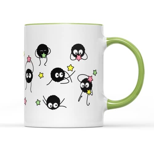 Image of Soot Sprites Wrap Coffee Cup Mug Anime Manga Film Studio Susuwatari Neighbor Spirits Present Gift Heavy Duty Ceramic Handle Coated Dishwasher Microwave Safe (Light Green Handle Prime)