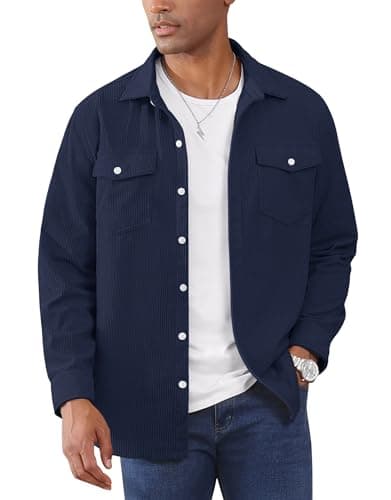 Image of EKLENTSON Men's Corduroy Shirts Button Down Trucker Jacket Long Sleeve Western Shirts with Flap Pocket Navy XL
