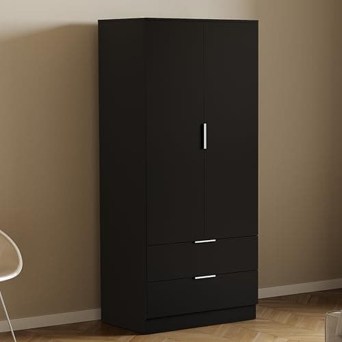 Image of Vida Designs Trega 2 Door 2 Drawer Wardrobe Black - Space-Saving Bedroom Storage Unit - 170H x 76W x 53D cm - Engineered Wood - Hanging Rail, Shelves, Glide Drawers - Ideal for Bedroom & Living Space