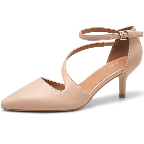 Image of Greatonu Womens Court Shoes D'Orsay Ankle Strap Low Kitten Heel Dress Pumps Wedding Bridal Nude UK 6.5