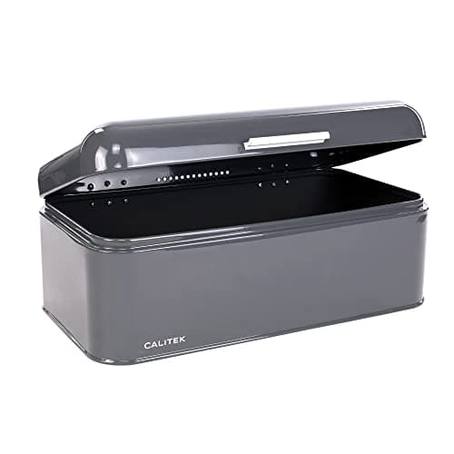 Image of Calitek Bread Bin Storage Box Kitchen Counter Top Bread Loaf Pastries Baked Goods Container Vintage Style Coated Carbon Steel (Grey)