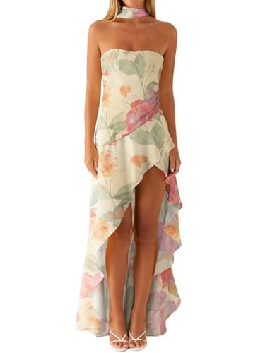 Image of Women Floral Tube Maxi Dress with Scarf Y2k Strapless Backless Mesh Long Bodycon Dresses Formal Cocktail Sundress (C-Beige, S)