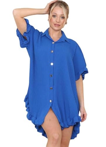 Image of Fashion Force Womens Lightweight Pleated Frill Hem Shirt Dress Casual Loose Fit Collared Tunic with Gold Buttons Comfort, Breathable (UK, Numeric, 8, 24, Regular, Tall, Royal Blue)