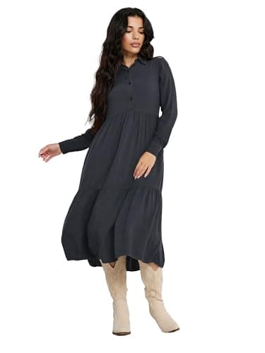Image of PixieGirl Petite Black Acid Wash Tiered Smock Dress Petite