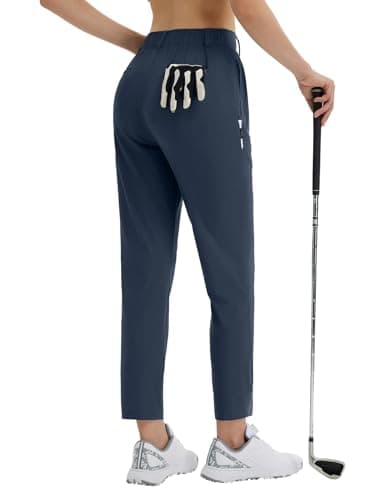 Image of baleaf Women's Golf Pants Stretch with Belt Loops Zipper Pockets Travel Casual Work Bussiness Dress UPF 50+ Blue L