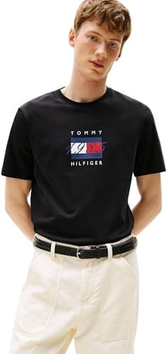 Image of Tommy Hilfiger Men’s Short Sleeve Linear Flag Graphic Regular Fit T-Shirt, Black (Black), XXL