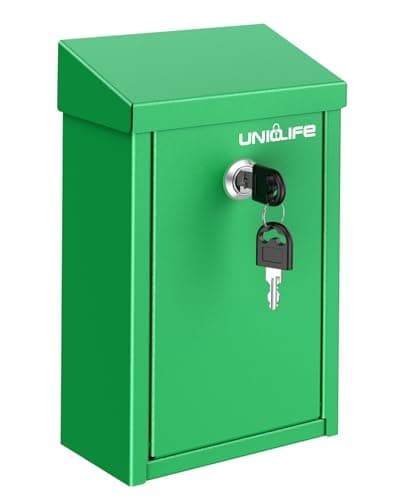 Image of Uniclife Green Key Drop Box for Outside, Metal Donation Box Collection Box with Key Lock, Safe Suggestion Box, Wall Mounted Mailbox with Top Slot, Steel Cash Drop Box for Home Office and Business