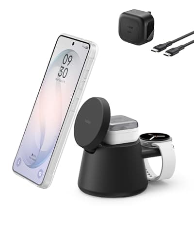 Image of Belkin Ultracharge 3-in-1 Wireless Charging Station w/USB C Port for Smartwatch (watch charger not included), Qi2.2 Magnetic Charger 25W for Samsung S26, Galaxy Watch, Apple Watch, with 45W Adapter