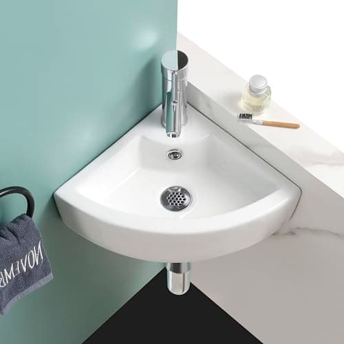 Image of Home Supplies Modern Design Bathroom Wash Basin Sink Corner Wall-Mounted White Cloakroom Ceramic Basin for Bathroom and Toilets (13.5x43.5x32) (HxWxD)