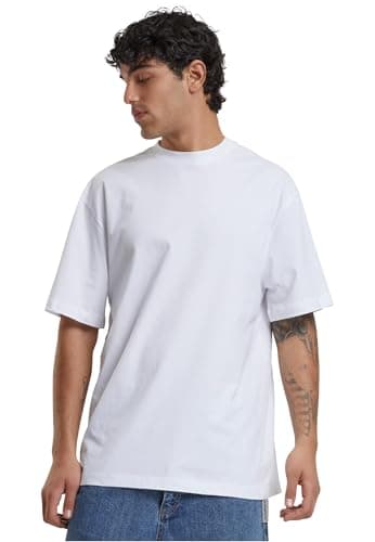 Image of URBAN CLASSICS Men's Basic Crew Neck Tall Tee, Oversized Short Sleeves T-Shirt with Dropped Shoulders, 100% Jersey Cotton, in white, 6XL
