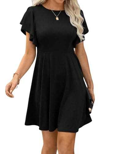 Image of GORGLITTER Women's Ruffle Swing Flared Mini Dress Round Neck Cap Sleeve Plain Casual Short Dress Black Medium