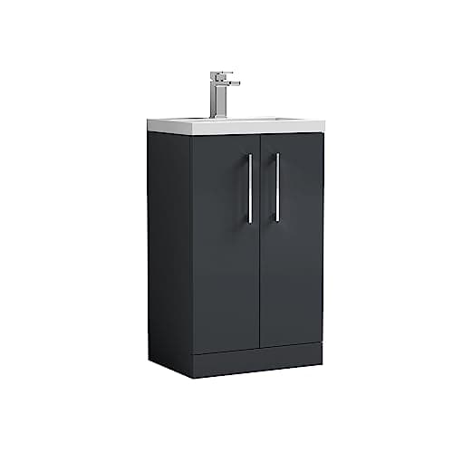 Image of nuie PAL028 Arno Compact Modern Bathroom Floor Standing 2 Door Vanity Unit & Polymarble Basin, 500mm, Soft Black