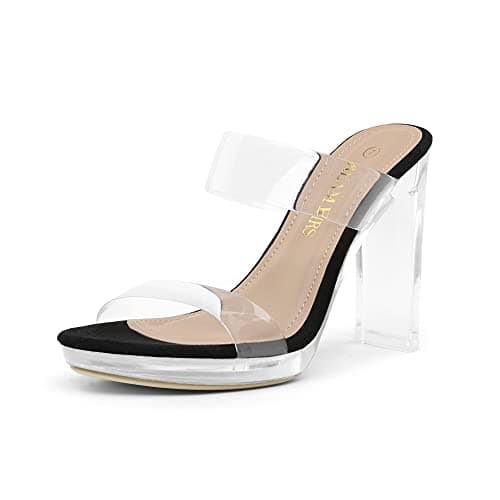 Image of DREAM PAIRS Women's Clear Two Strap Open Toe High Block Chunky Slip on Dress Heel Sandals,Size 9,Black/Clear,DHS217