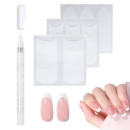 Image of French Manicure Set, 0.7mm White Tip Nail Pen & 3 Sheet French Tip Stickers, Essential Self-Adhesive Nail Art Tools for DIY at Home Manicure with Quick Dry Pen and French Tip Guide for Women