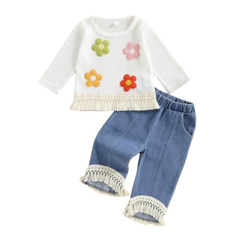 Image of M9ppzzur7 Toddler Baby Girl Clothes Set Round Neck Long Sleeve Floral Embroidery Fringed Cotton Top Elastic Waist Jeans Girls Fall Winter Outfit Sets (White, 12-18 Months)