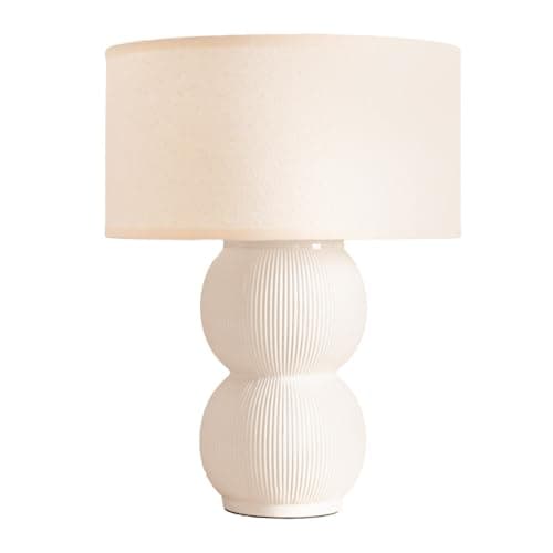 Image of ValueLights | Gemma Linen with Cream Trim Shade Stacked Ribbed Cream Glazed Table Lamp & Bulb | Table Lamps, Home Décor & Improvement Essential | Light Bulb Included