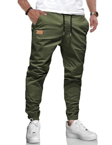Image of LIUPMWE Joggers for Men Cotton Casual Mens Work Trousers Tracksuit Elastic Cargo Pants Waist with Drawstring Pockets Sweatpants,L,Green-01