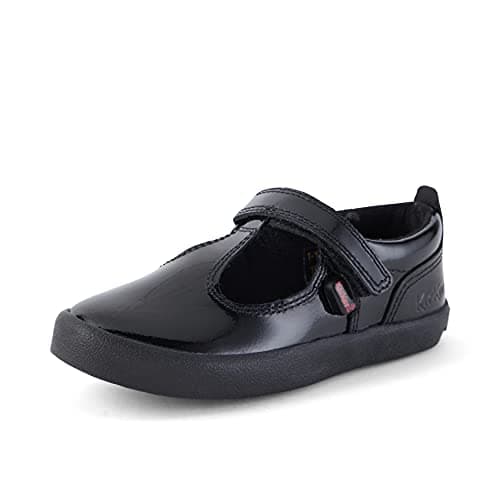 Image of Kickers Girl's Kariko T-Strap Leather School Shoes | Smart Everyday School Look | Hook & Loop Fastening, Cushioned for All-Day Wear, Black, 5 UK Child
