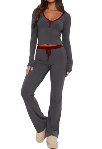 Image of LACOZY Women’s Sexy Pajama Sets Fall Long Sleeve Lounge Sets 2 Piece PJ Shorts Pajamas Loungewear Dark Grey S