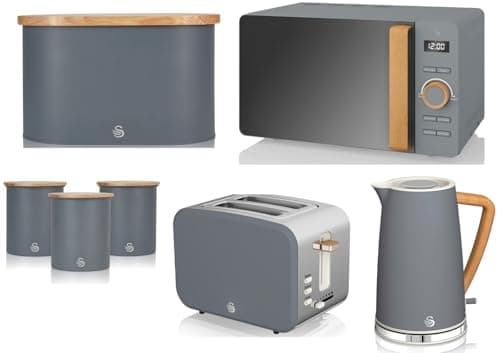 Image of Swan Nordic Grey Kitchen Set – 1.7L Kettle, 2 Slice Toaster, 20L 800W Microwave, Bread Bin & 3 Canisters | Scandinavian Inspired Design with Wood Effect Accents, 7 Piece Set