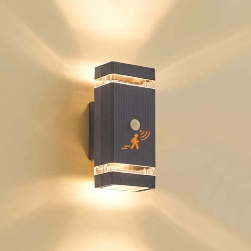 Image of LMP Up Down Outdoor Wall Lights PIR, Motion Sensor Outside Lights Mains Powered, IP65 Square Porch Front Door Light Electric, External Modern GU10 LED Exterior Lighting for House, Anthracite Grey