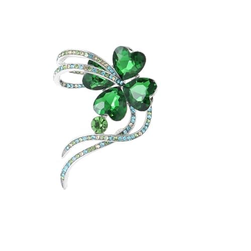 Image of Delicate Four-Leaf Clover Brooch with CZ Crystals - Elegant Lapel Pin for Women Girls Fashion Accessories, Sparkling Shamrock Jewellery Gift (Green)
