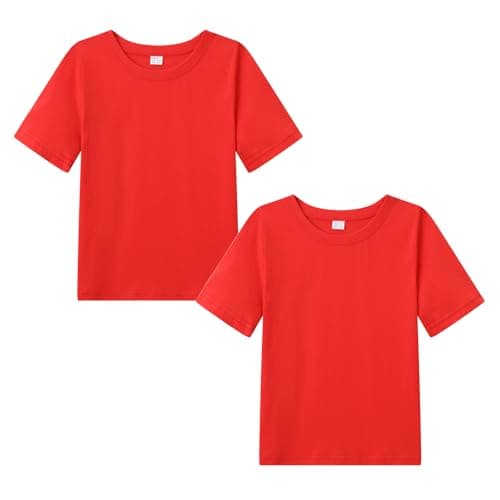 Image of WinZero Kid's Cotton T-Shirt Crew Neck Girls Boys T Shirts Summer Short School Tee Tops for Children 5-13 Years 2 Pack Red