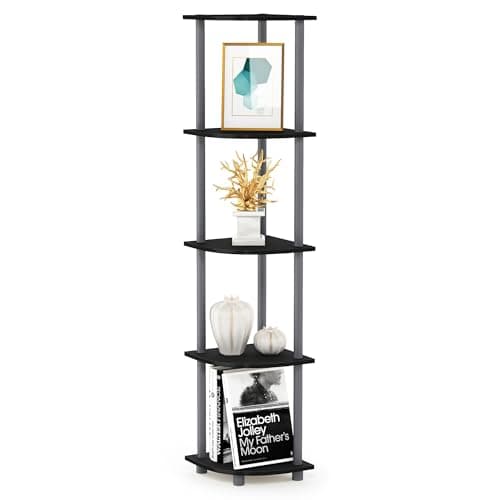 Image of Furinno TURN-N-TUBE Corner Shelf, 5-Tier Corner Bookshelf, Open Storage Shelves, for Organization and Storage, Living Room, Home Office, Garage, Bedroom, Black
