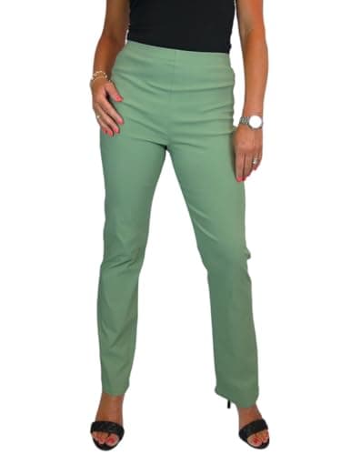 Image of Paulo Due Women's Elasticated Waist Trousers Pull On High Waist Straight Leg Trousers Evening Day Office Work Sage Green 8-22 (14)