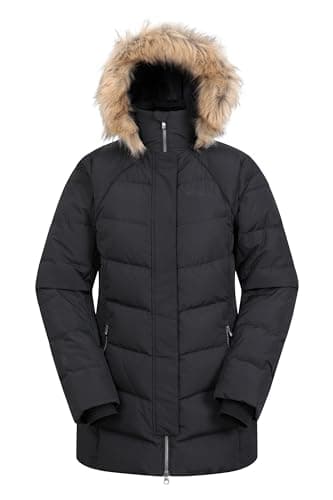 Image of Mountain Warehouse Isla II Womens Down Jacket - Water Resistant Puffer Coat with Faux Fur Trim Hood, Zipped Pockets & Thermal Tested -35 °C - For Winter & Outdoors Jet Black Women's Size 12