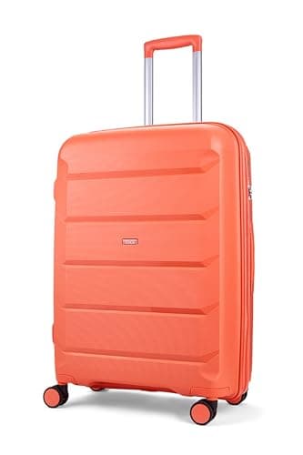 Image of Rock Tulum Medium Expandable Hard Shell Hold Suitcase in Peach - Lightweight & Durable, 360 Swivel Wheels, Telescopic Handle, Impact-Resistant & TSA Combination Lock - 66x46x30cm 4.2KG